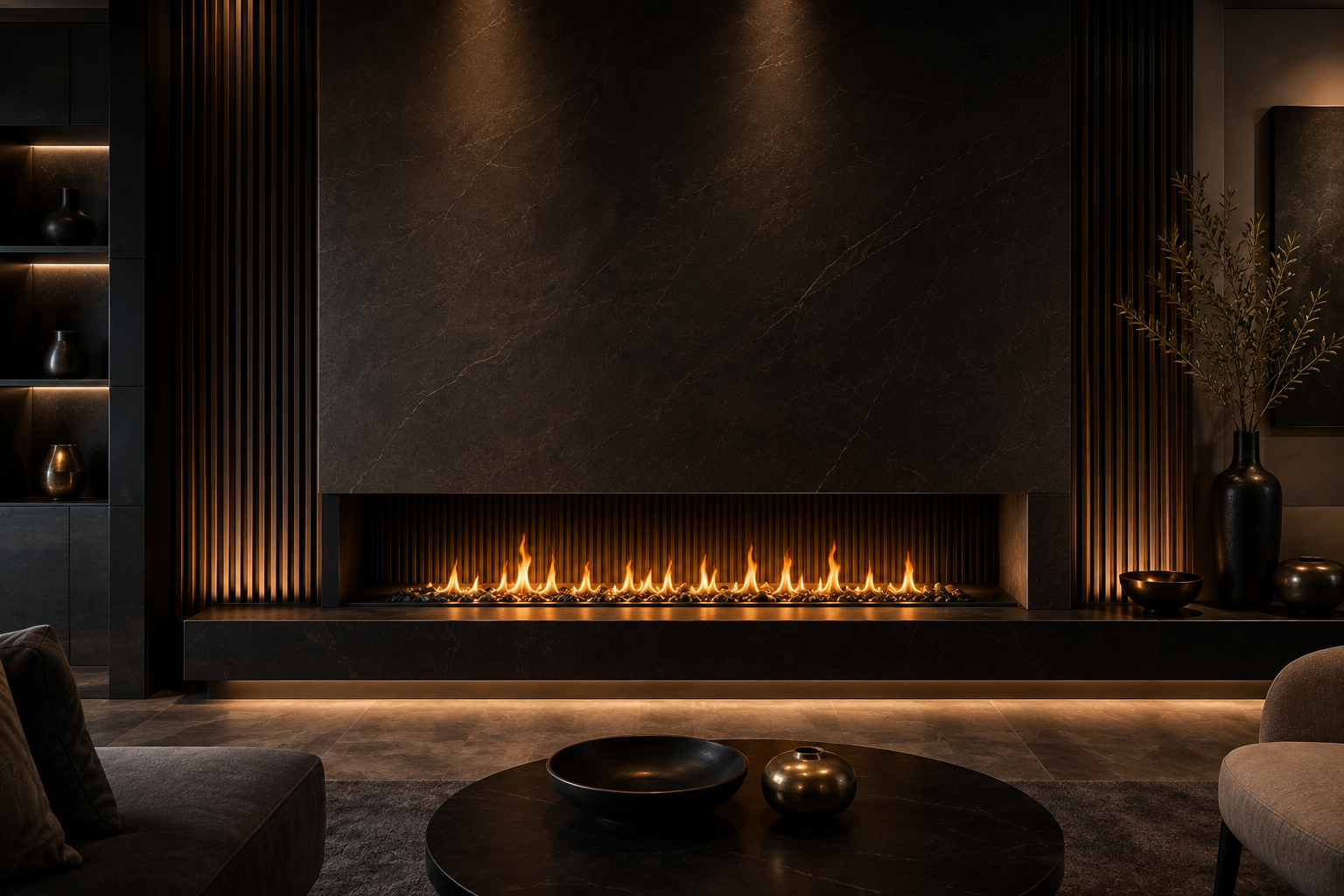 Chimenea lineal integrada en una sala contemporánea
