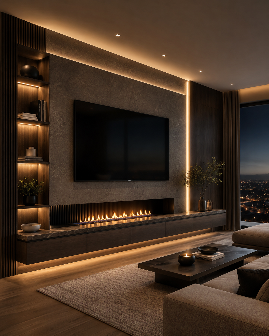 Sala residencial contemporánea con Media Wall, televisión, chimenea lineal e iluminación indirecta